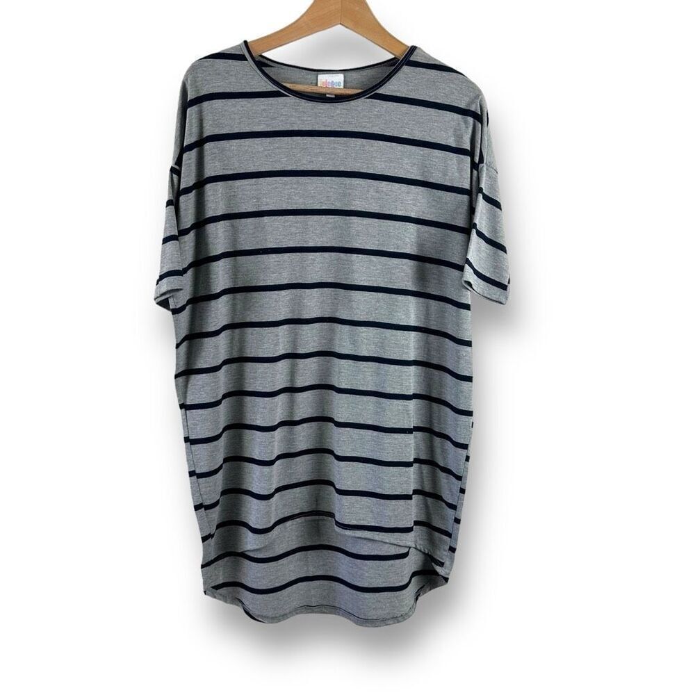 LuLaRoe Womens XS Oversized Tee Shirt Dress Gray Black Stripe Knee Length Casual